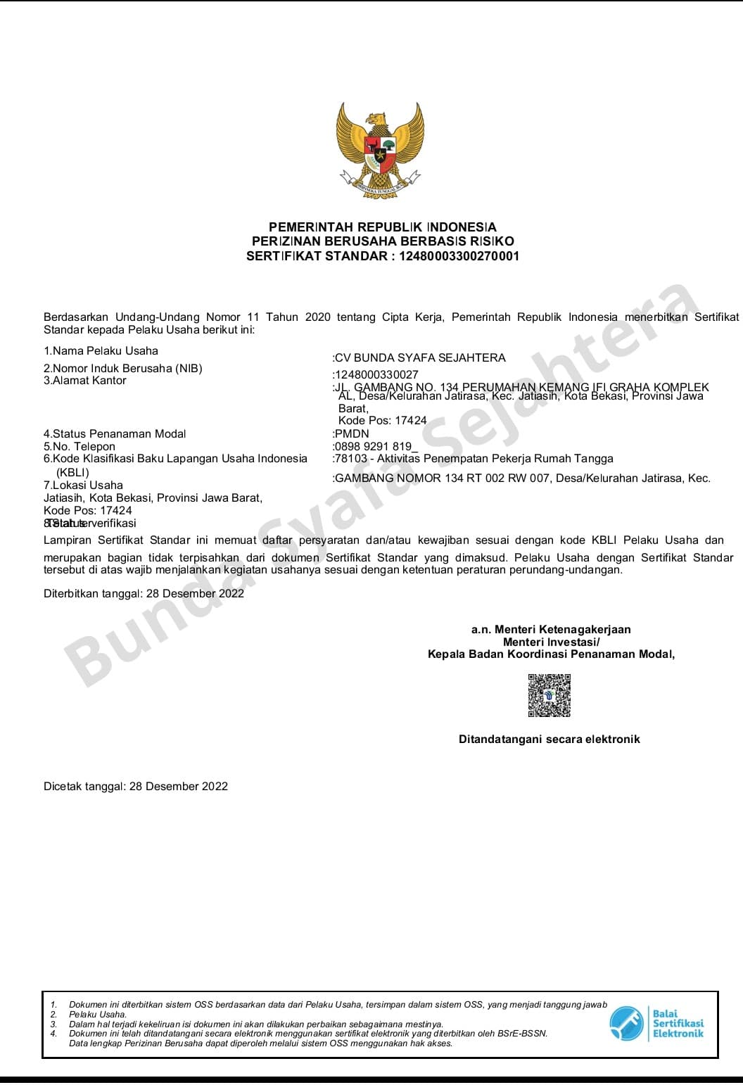Legalitas P3RT Bunda Syafa Sejahtera 1